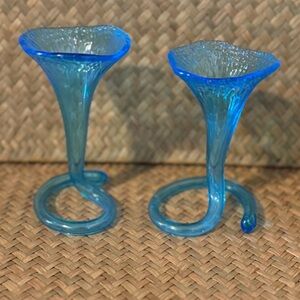 Turquoise Handblown Art Glass Spiral Vases - Pair